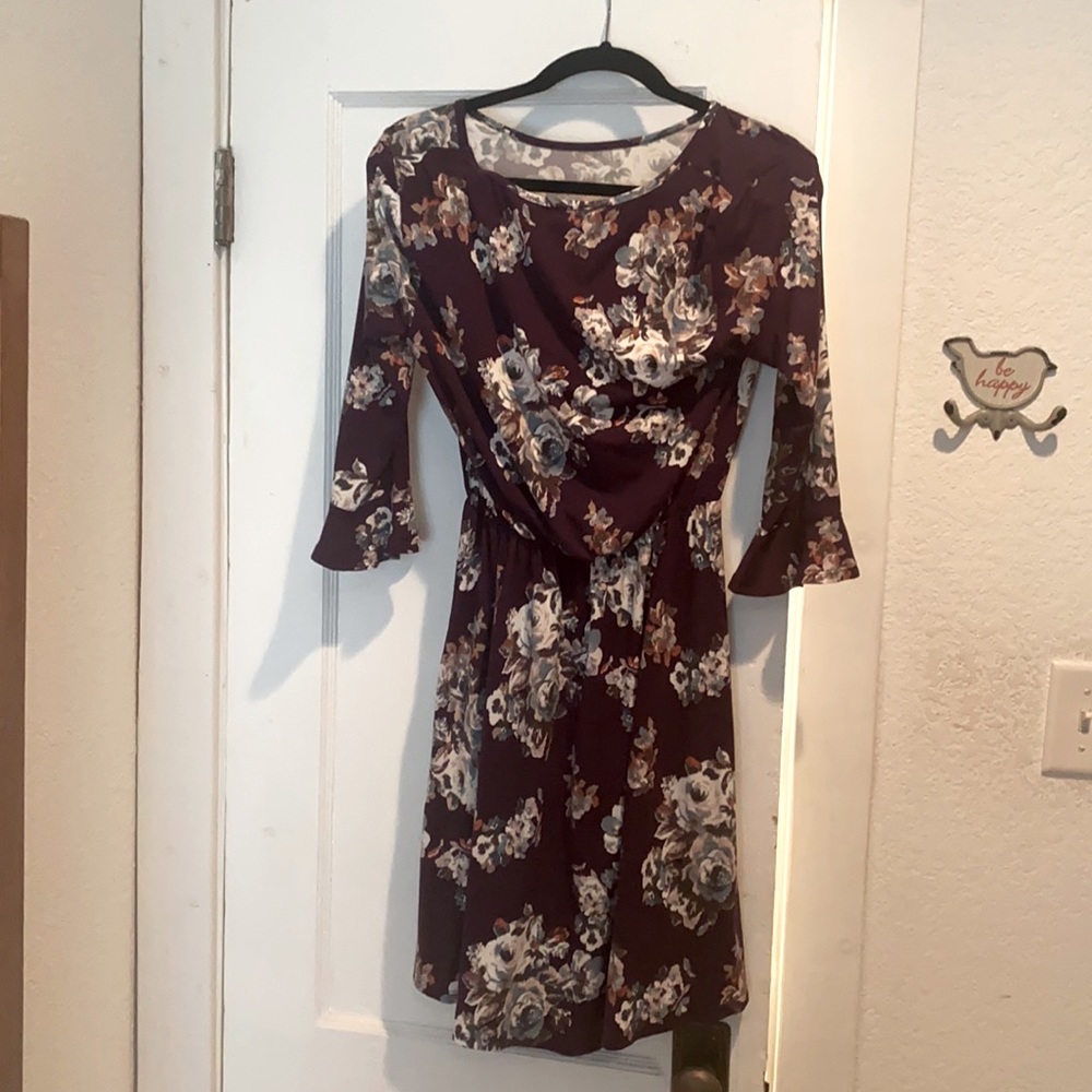 French Grey short, long sleeved floral dress with bell sleeves